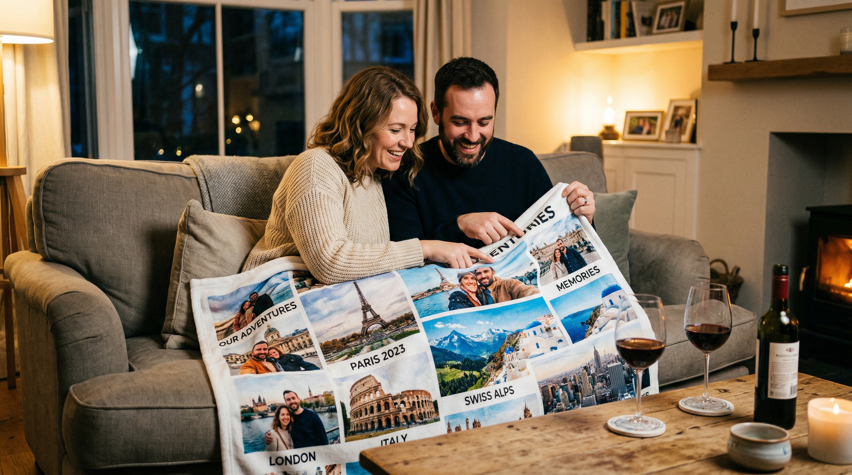 Couple with travel photo blanket