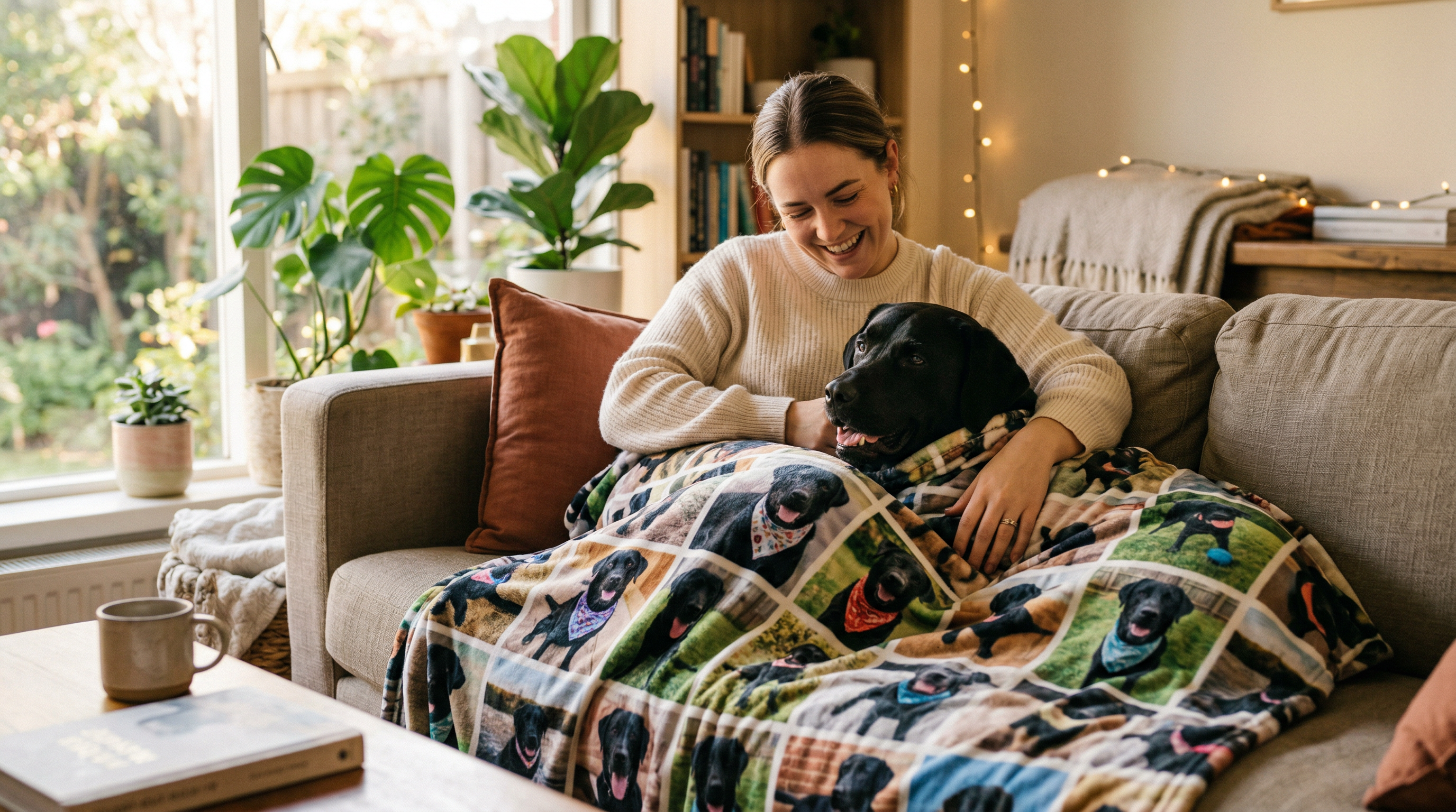 Pet lover with dog photo blanket